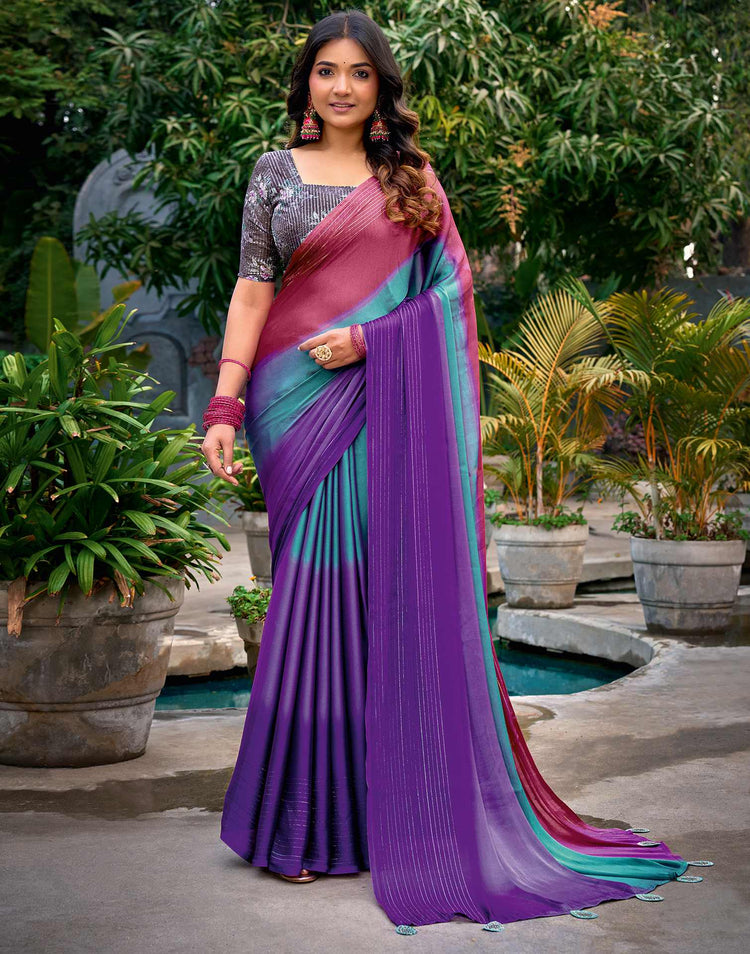 Rose Pink Chiffon Ombre Zari Stripe Saree