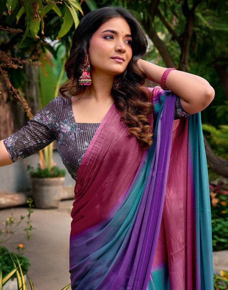 Rose Pink Chiffon Ombre Zari Stripe Saree