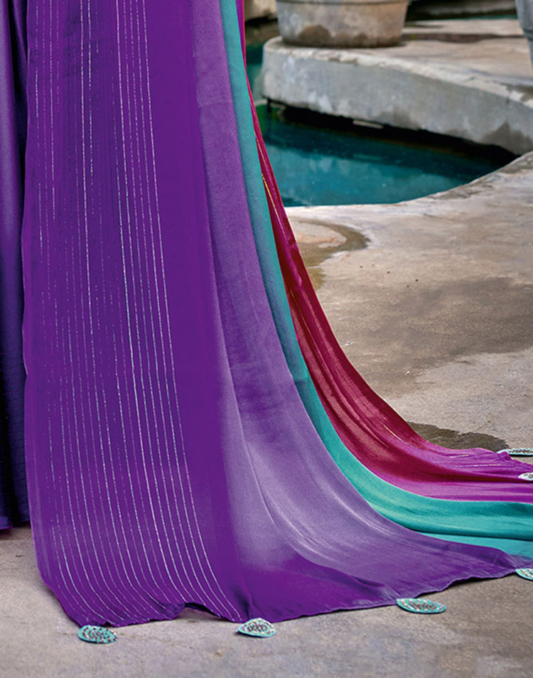 Rose Pink Chiffon Ombre Zari Stripe Saree