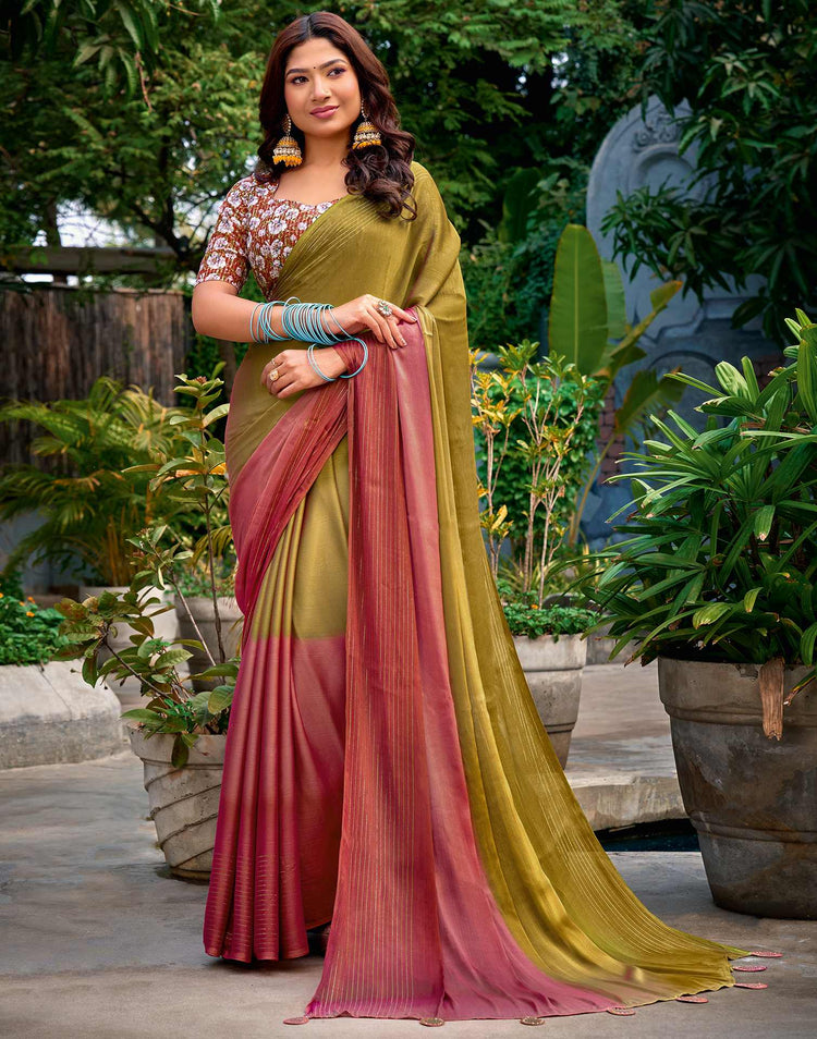 Olive Green Chiffon Ombre Zari Stripe Saree