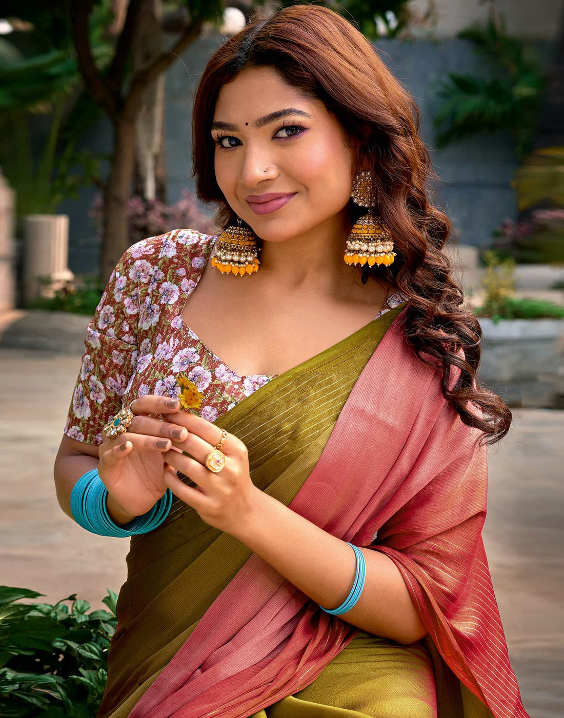Olive Green Chiffon Ombre Zari Stripe Saree