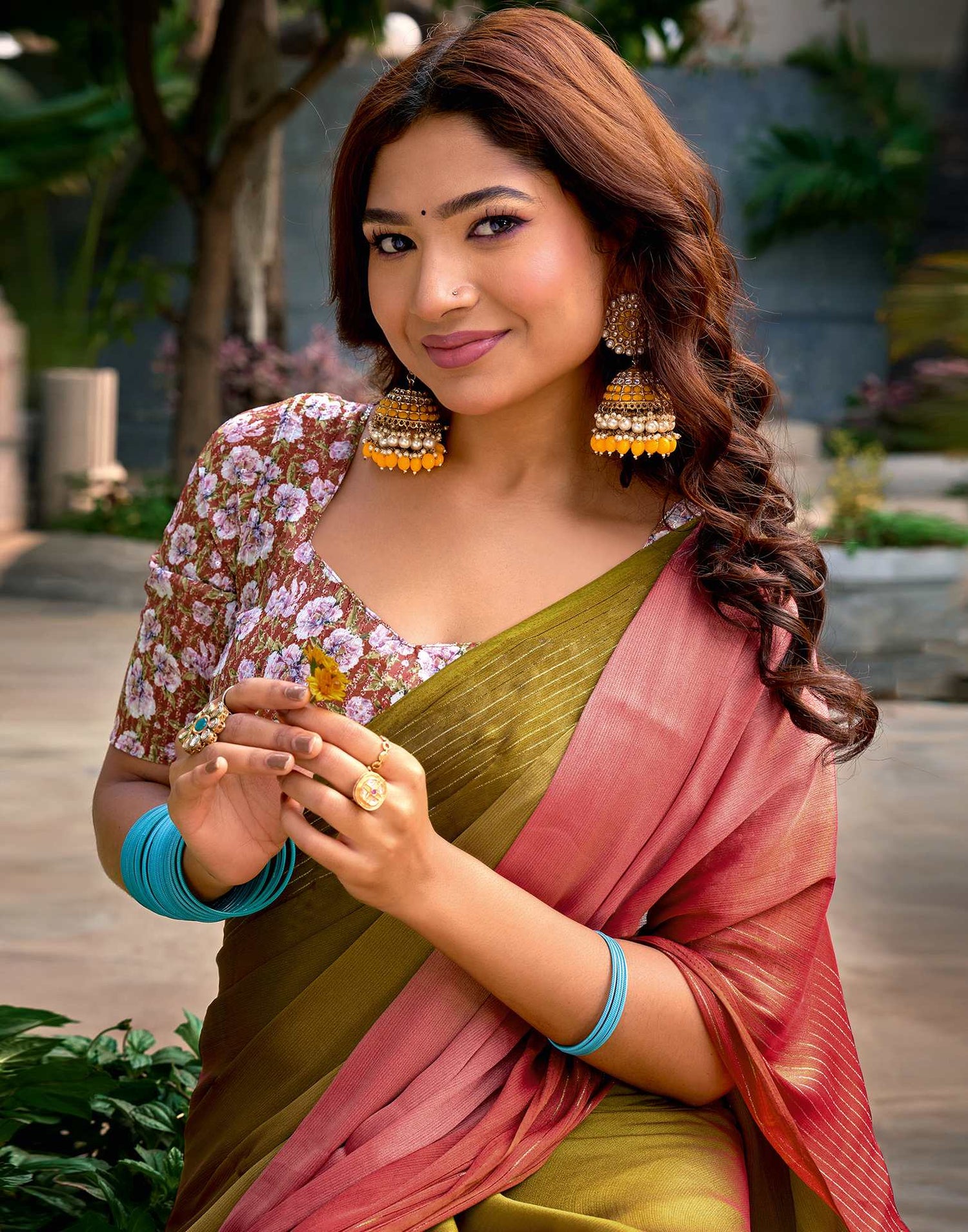 Olive Green Chiffon Ombre Zari Stripe Saree