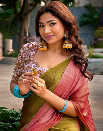 Olive Green Chiffon Ombre Zari Stripe Saree