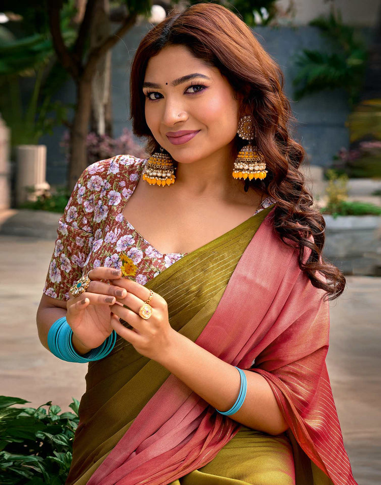 Olive Green Chiffon Ombre Zari Stripe Saree