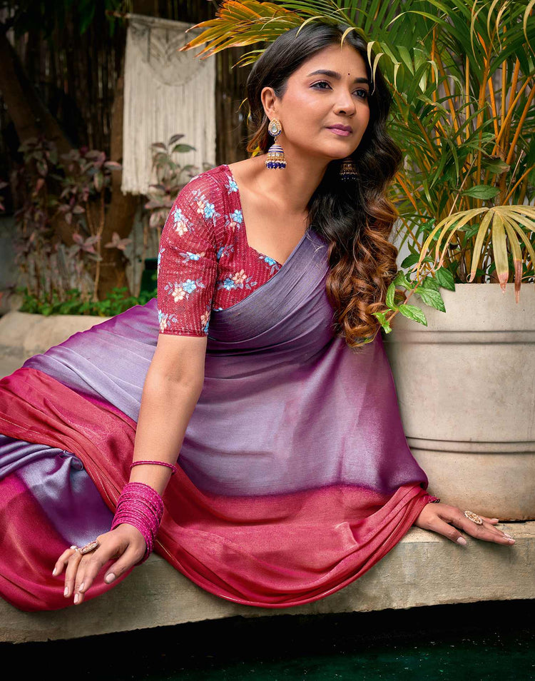 Dusty Purple Chiffon Ombre Zari Stripe Saree
