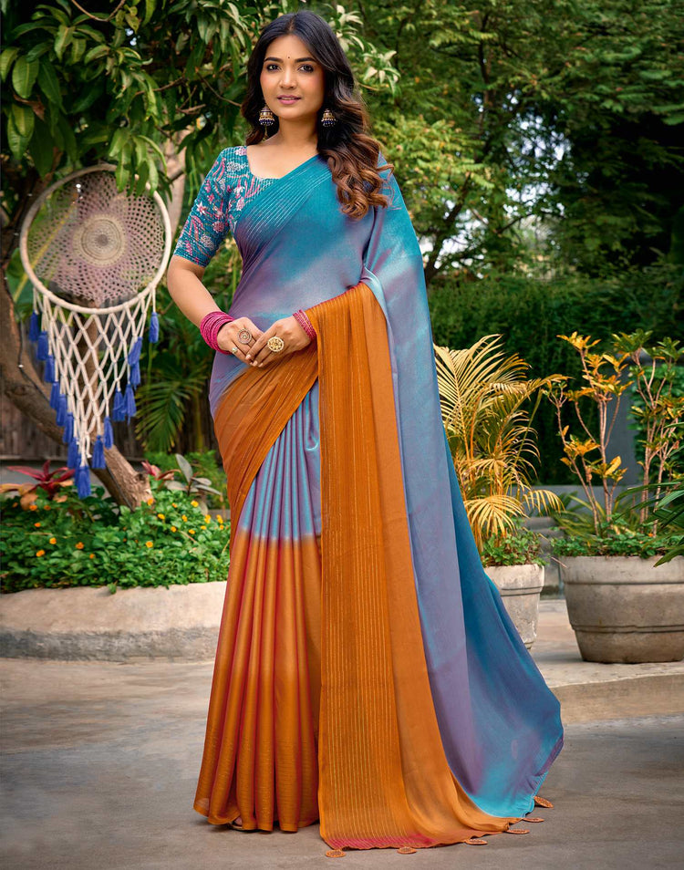 Teal Blue Chiffon Ombre Zari Stripe Saree