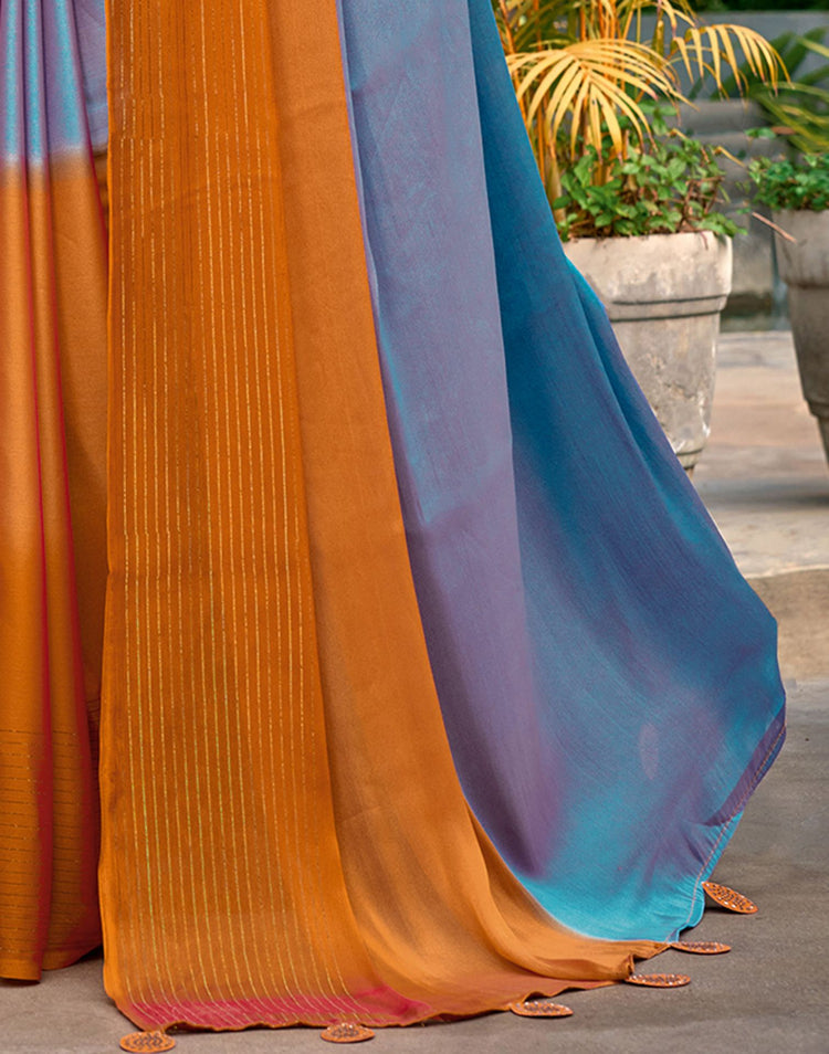 Teal Blue Chiffon Ombre Zari Stripe Saree