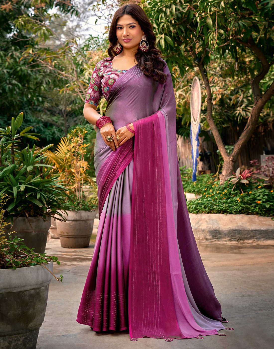 Mauve Chiffon Ombre Zari Stripe Saree