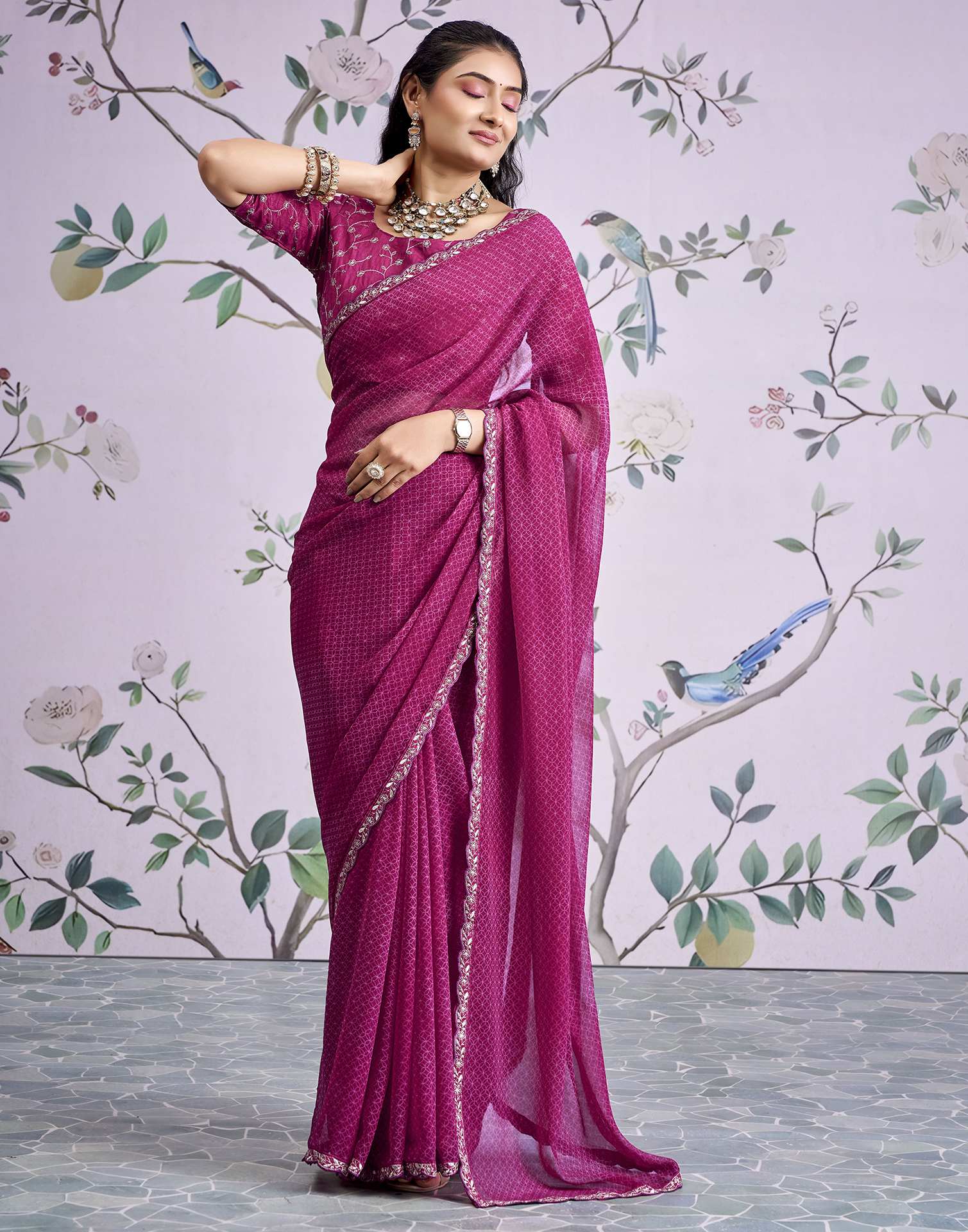 Magenta Georgette Printed Lace Saree