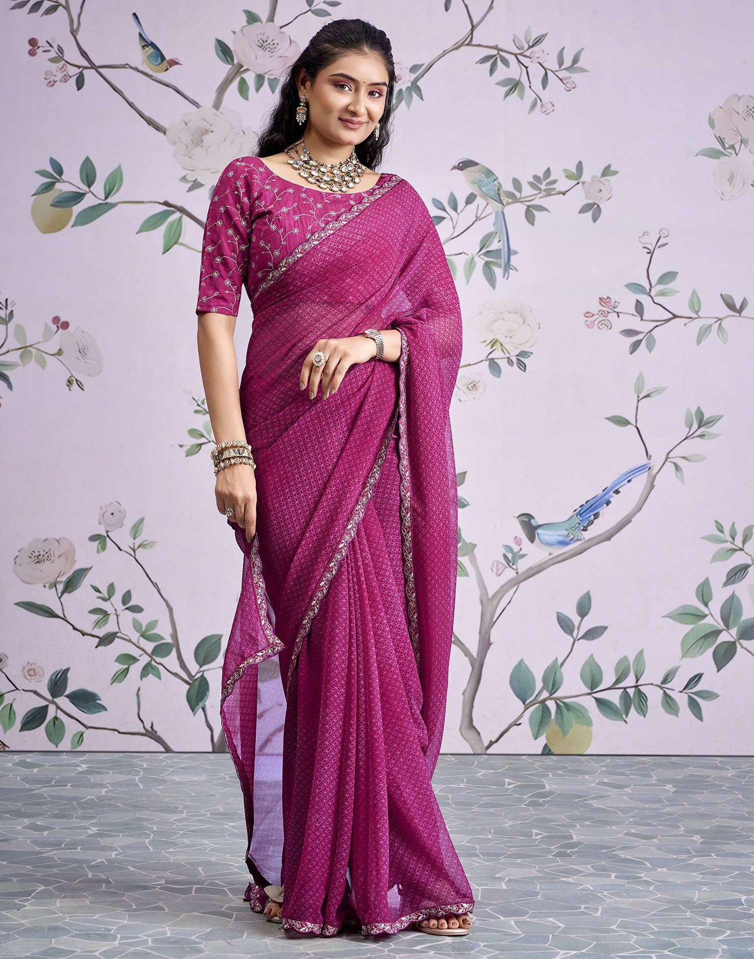 Magenta Georgette Printed Lace Saree
