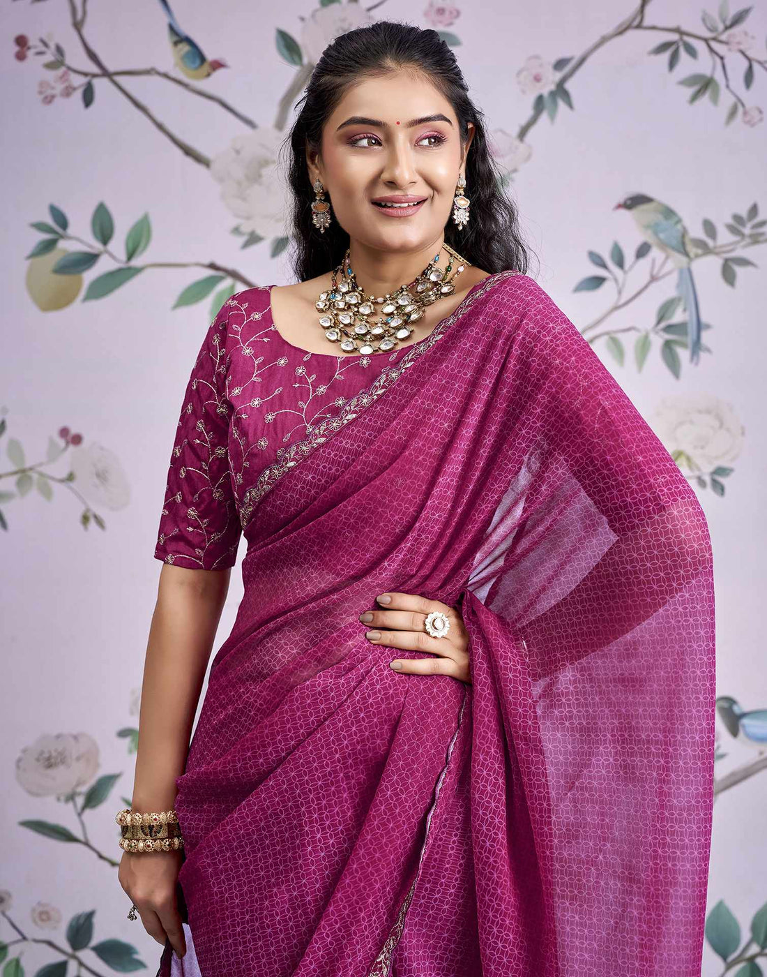 Magenta Georgette Printed Lace Saree