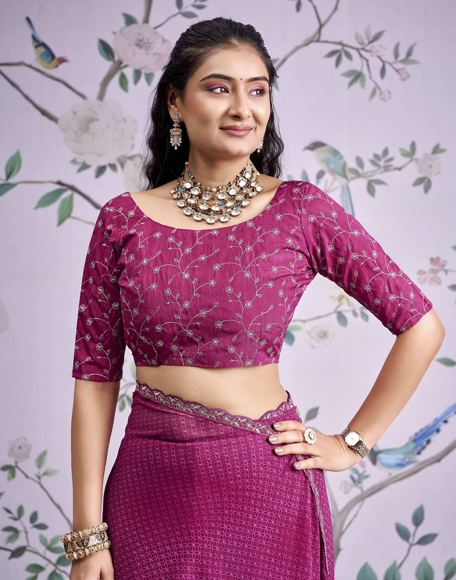 Magenta Georgette Printed Lace Saree