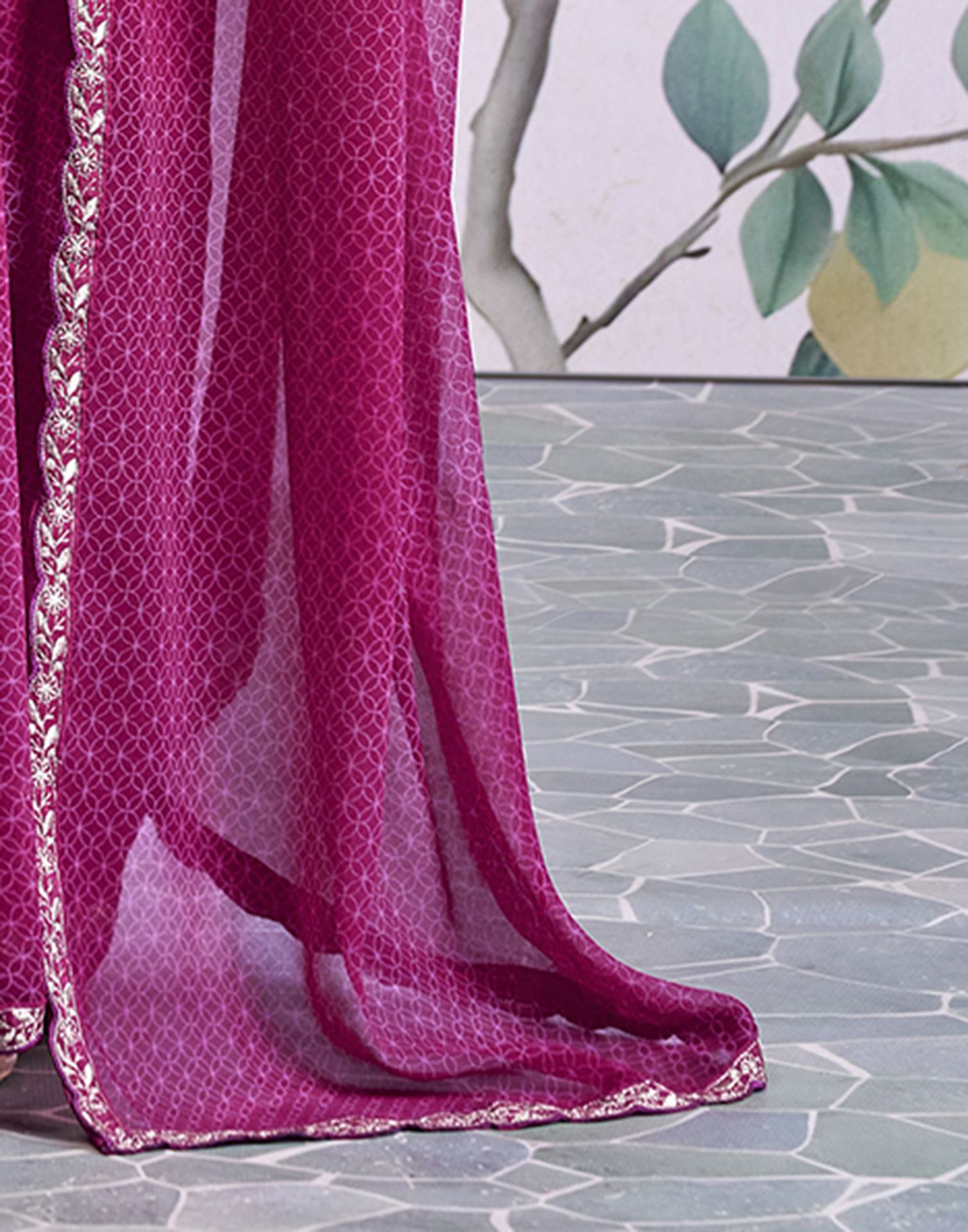 Magenta Georgette Printed Lace Saree