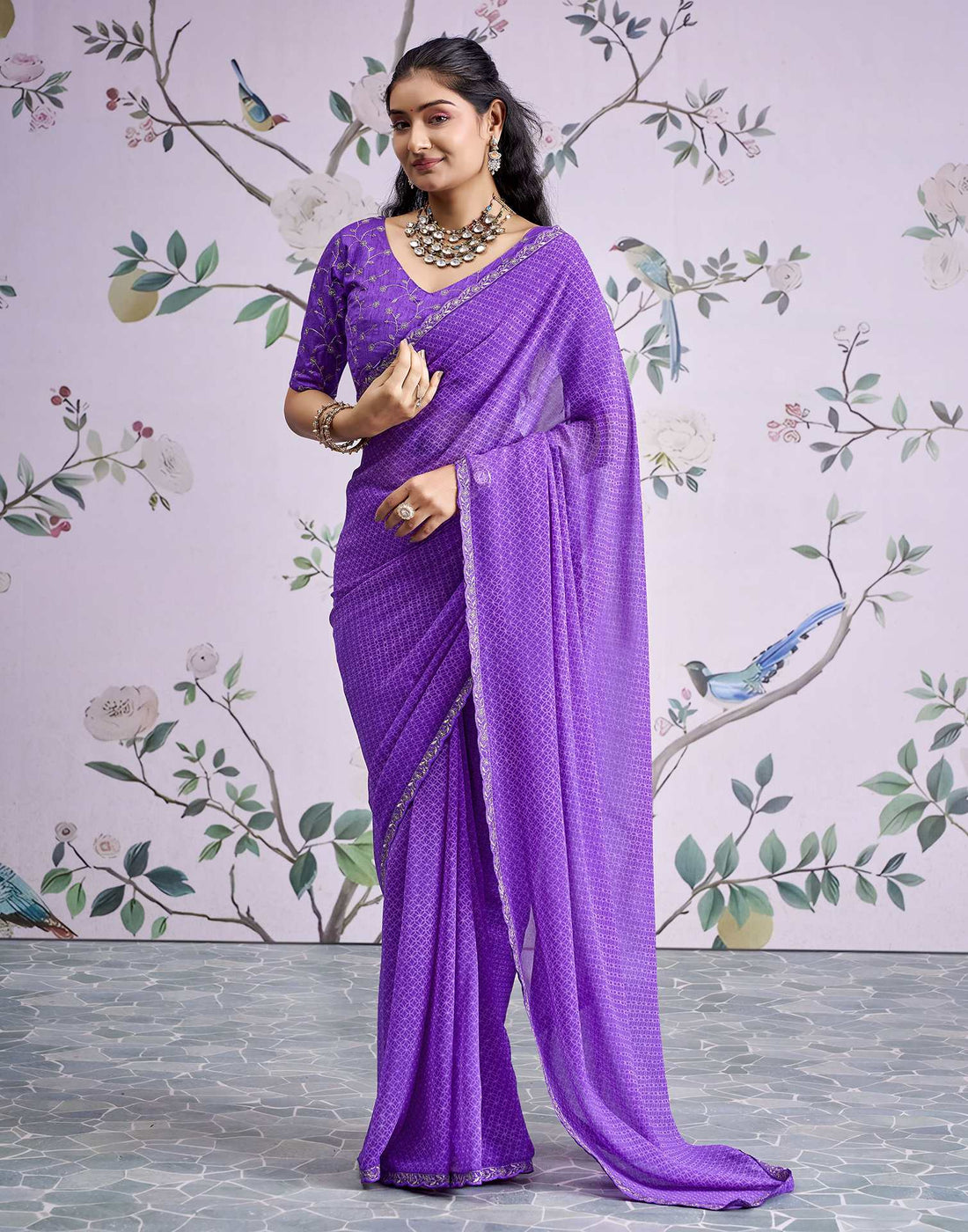 Lavender Georgette Printed Lace Saree
