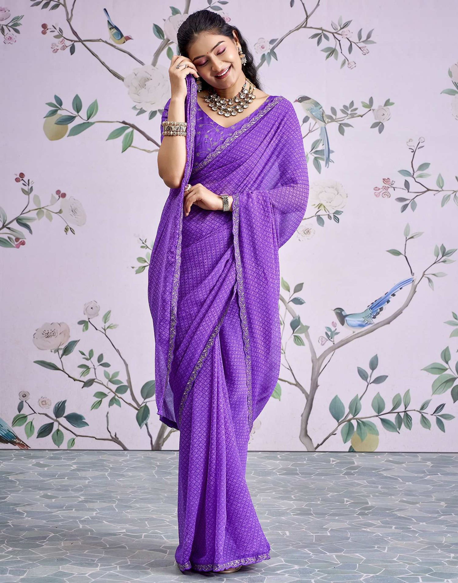 Lavender Georgette Printed Lace Saree