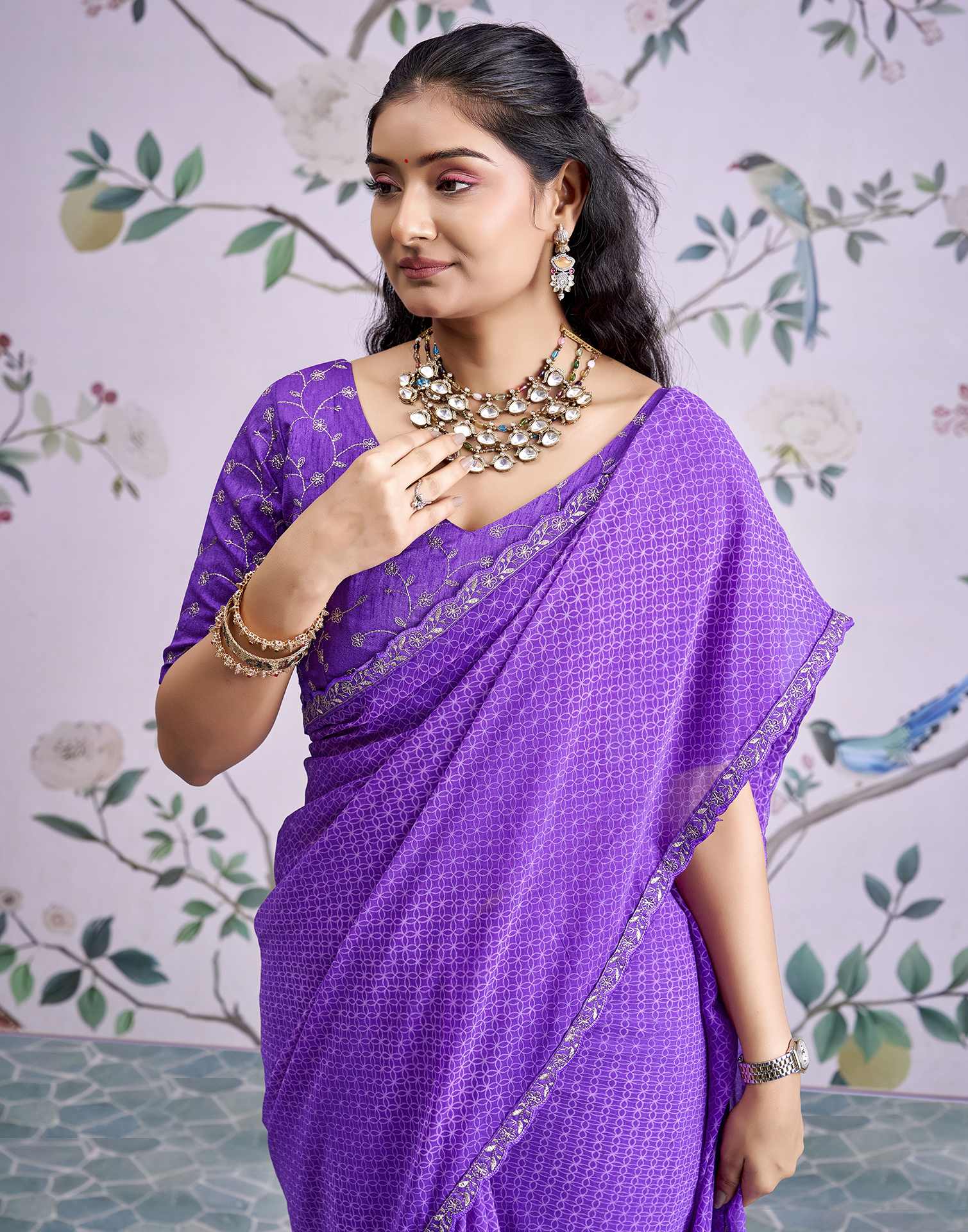 Lavender Georgette Printed Lace Saree