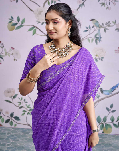 Lavender Georgette Printed Lace Saree