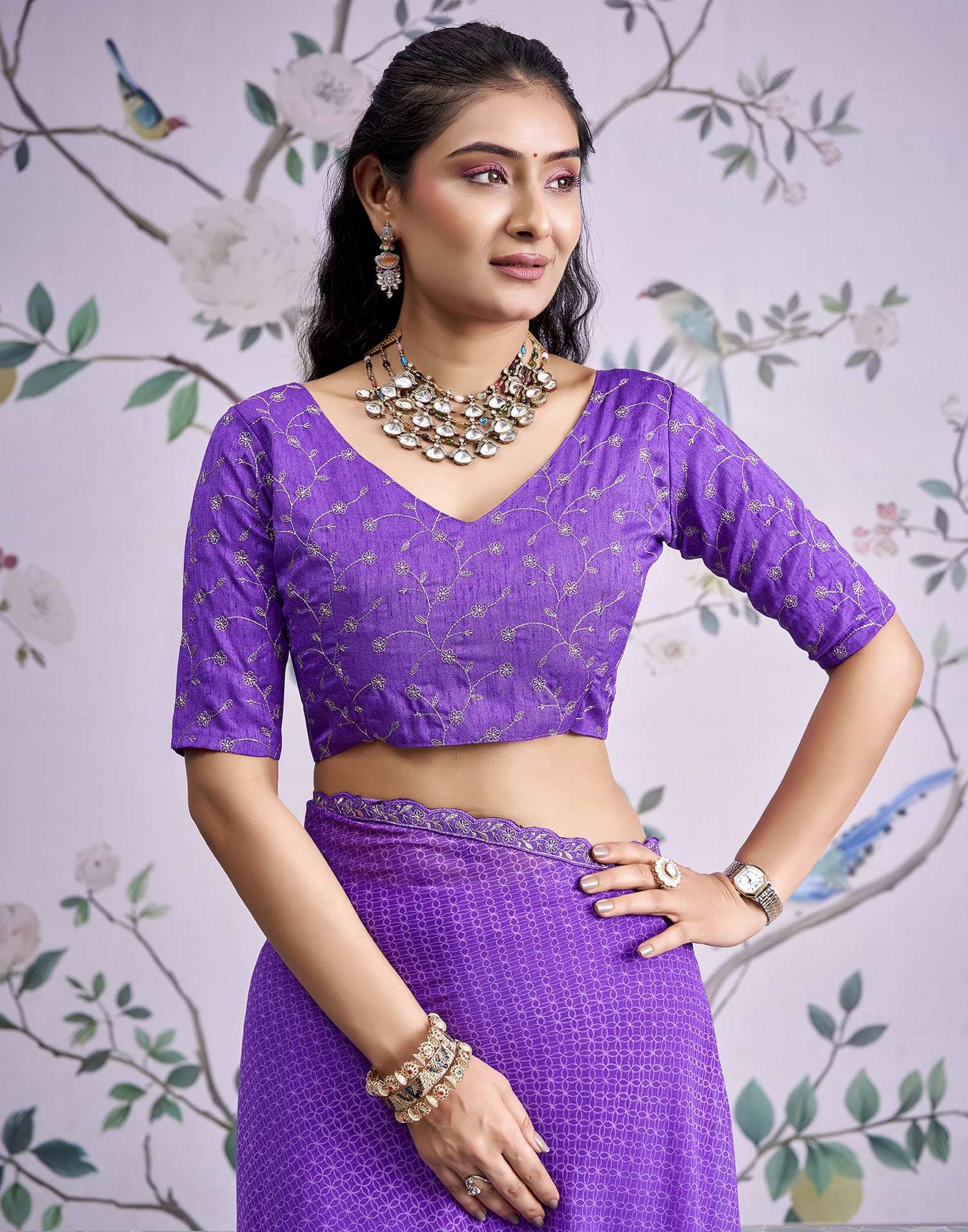 Lavender Georgette Printed Lace Saree