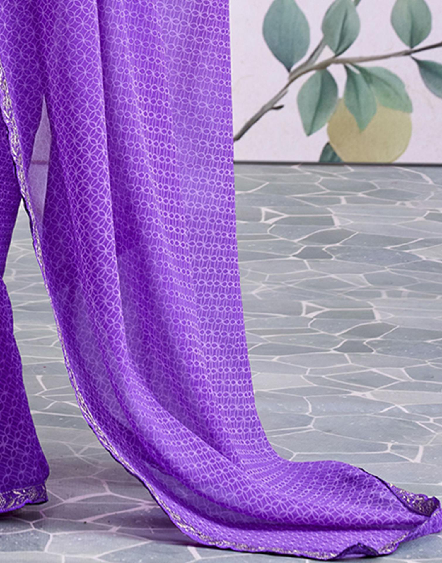 Lavender Georgette Printed Lace Saree