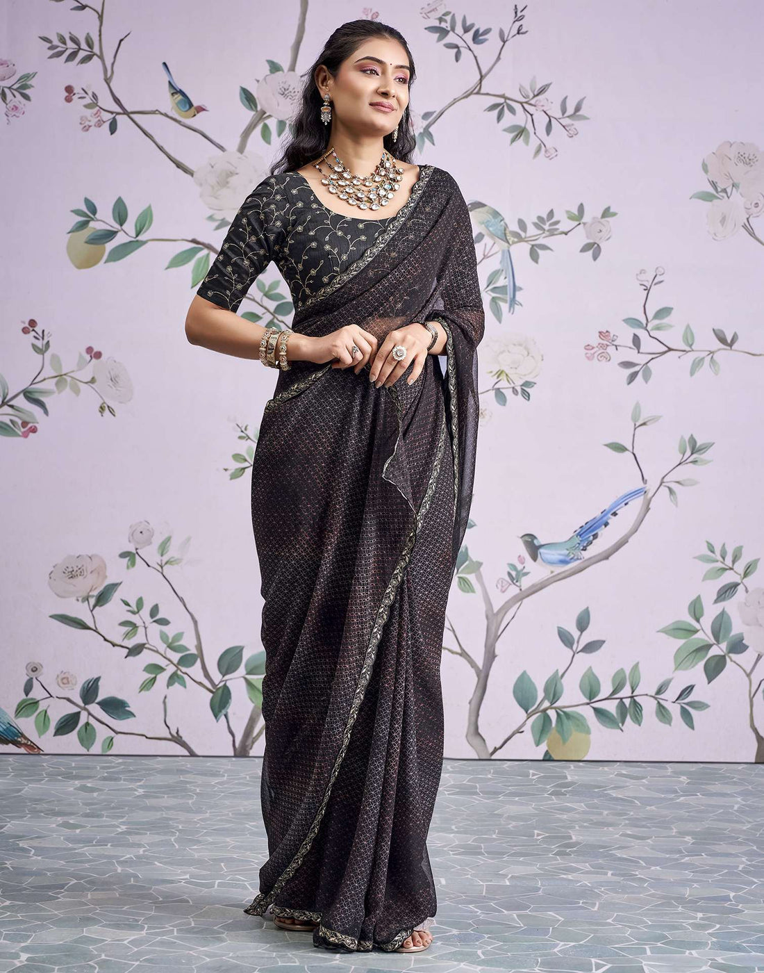Black Georgette Printed Lace Saree