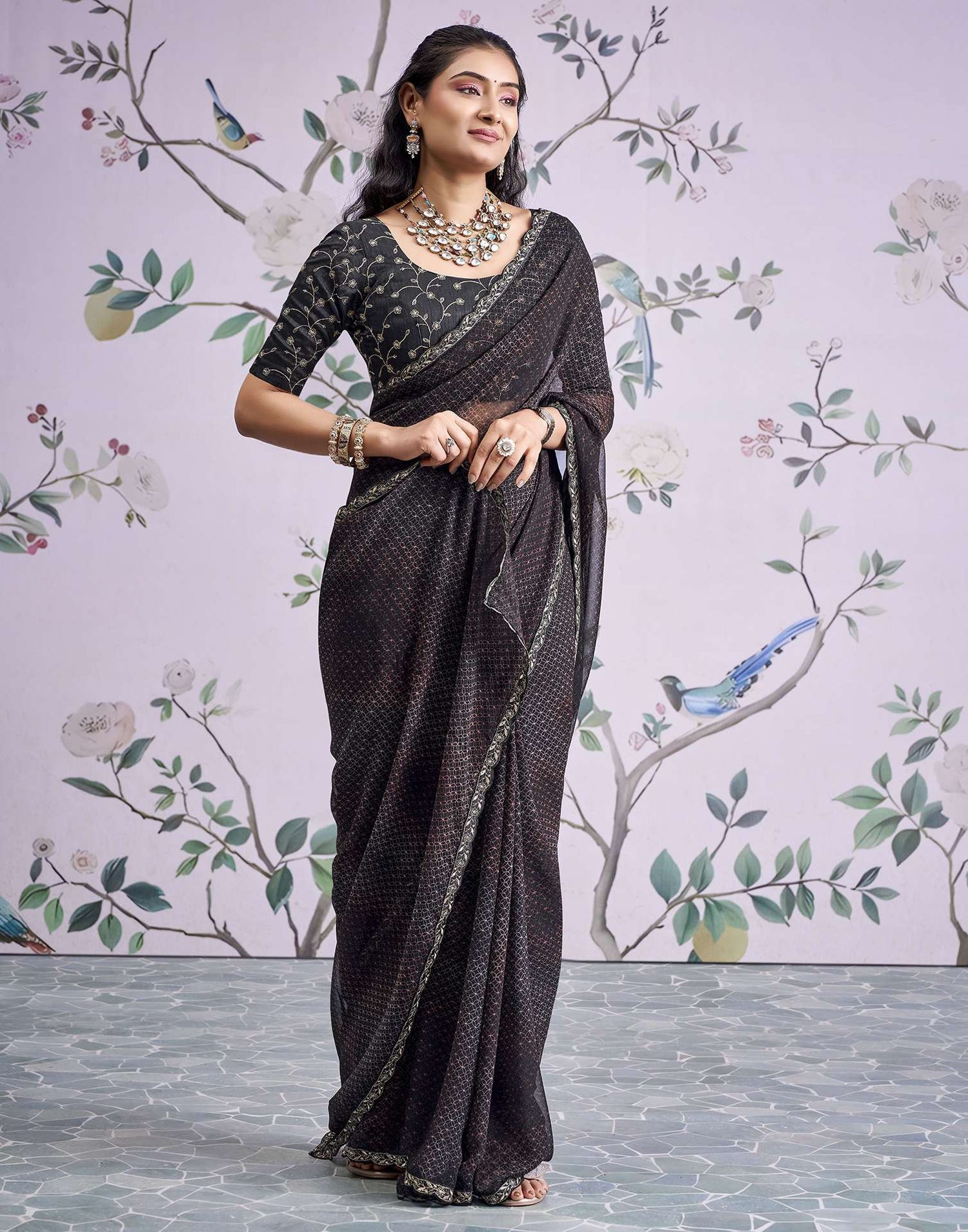 Black Georgette Printed Lace Saree