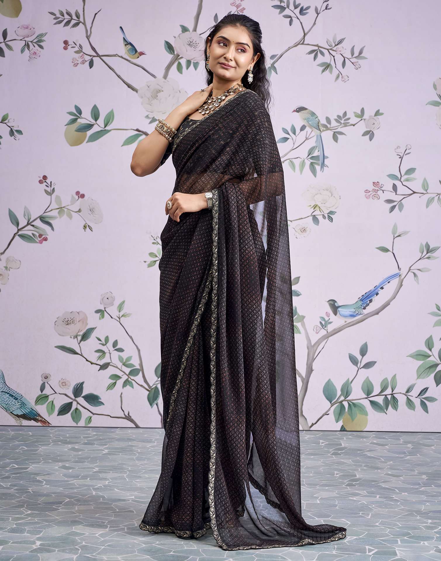 Black Georgette Printed Lace Saree