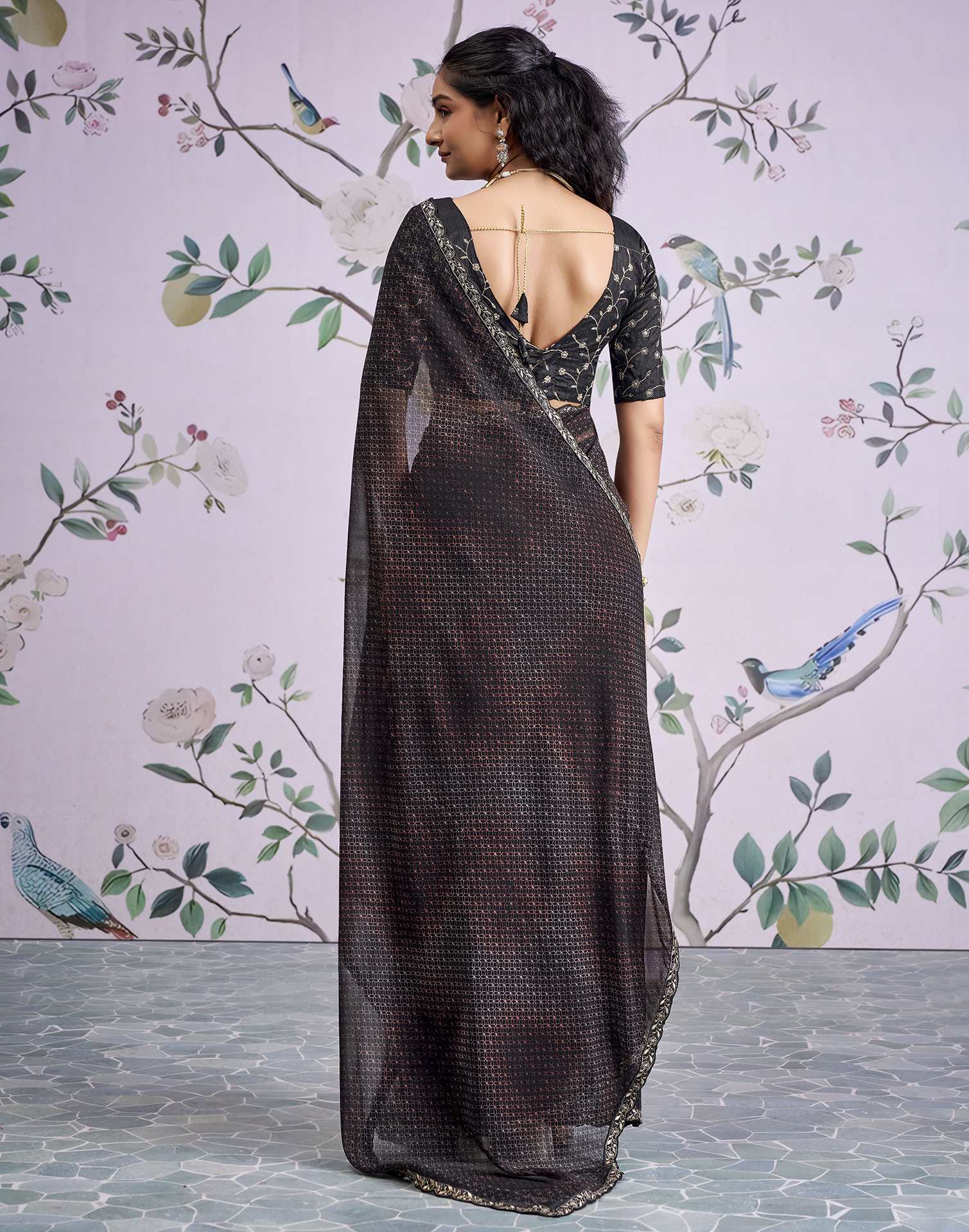 Black Georgette Printed Lace Saree