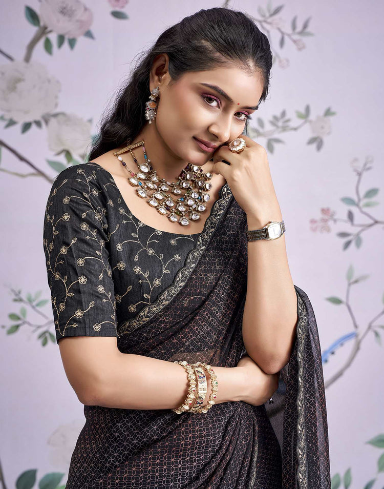 Black Georgette Printed Lace Saree