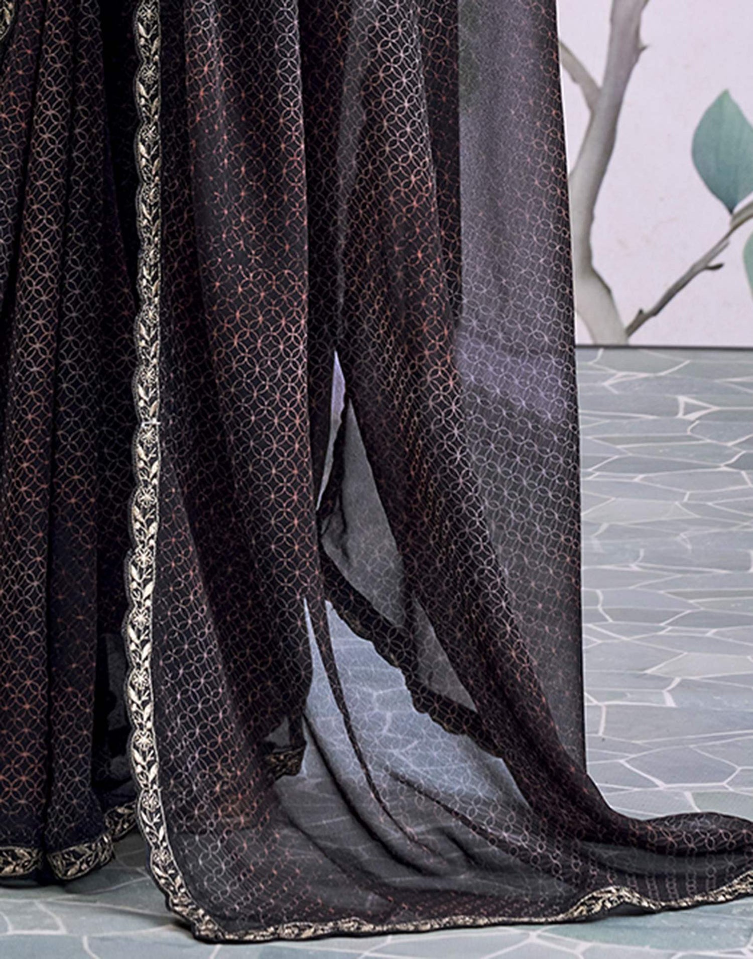 Black Georgette Printed Lace Saree