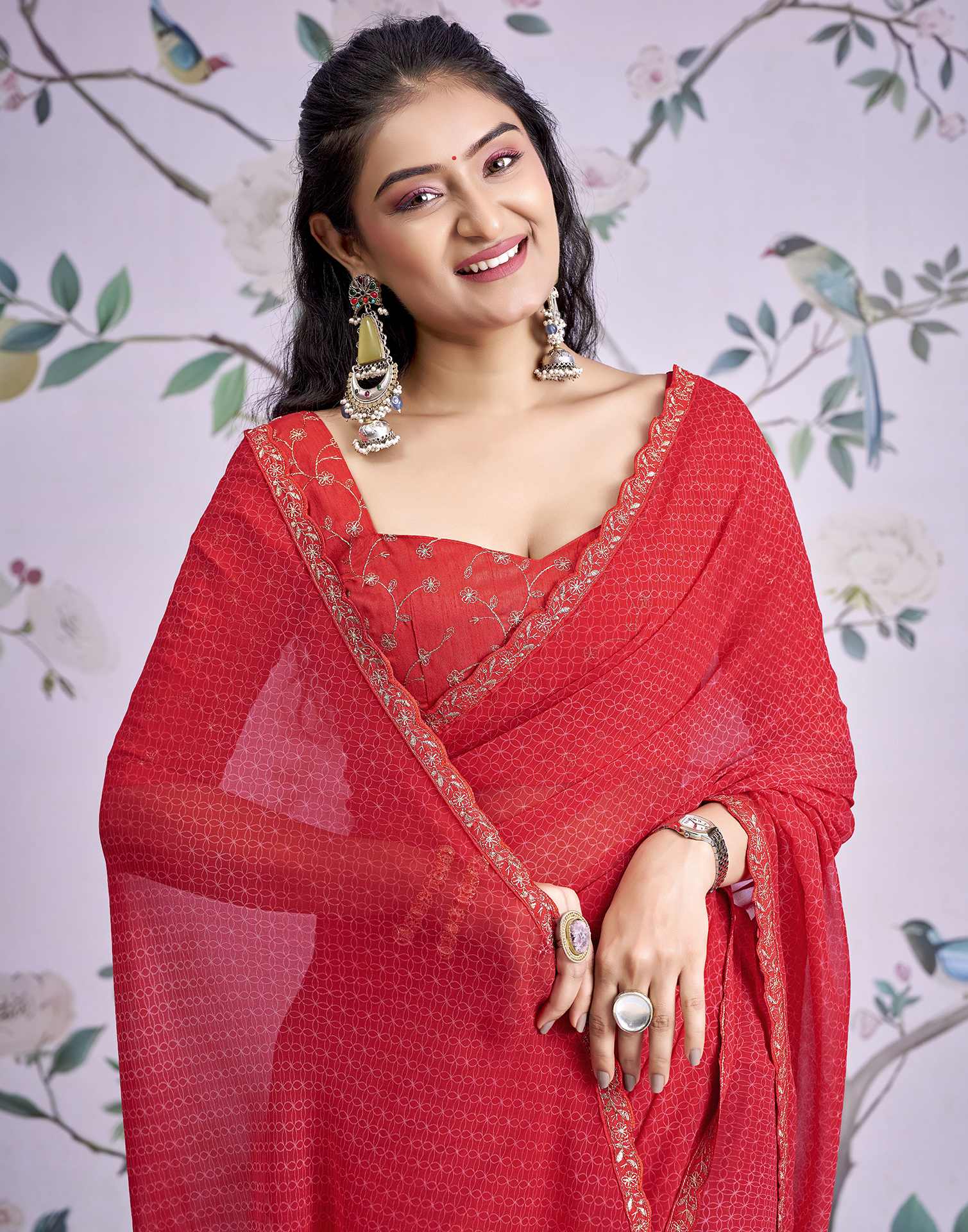 Red Georgette Printed Lace Saree