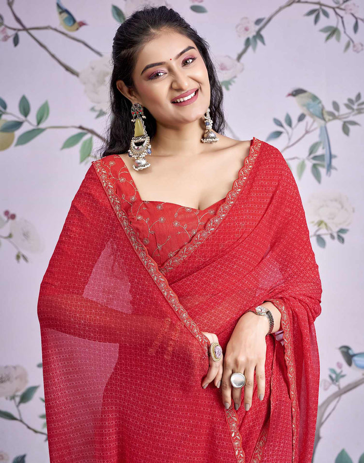 Red Georgette Printed Lace Saree