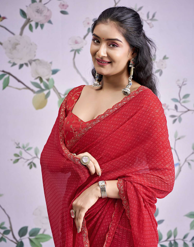 Red Georgette Printed Lace Saree