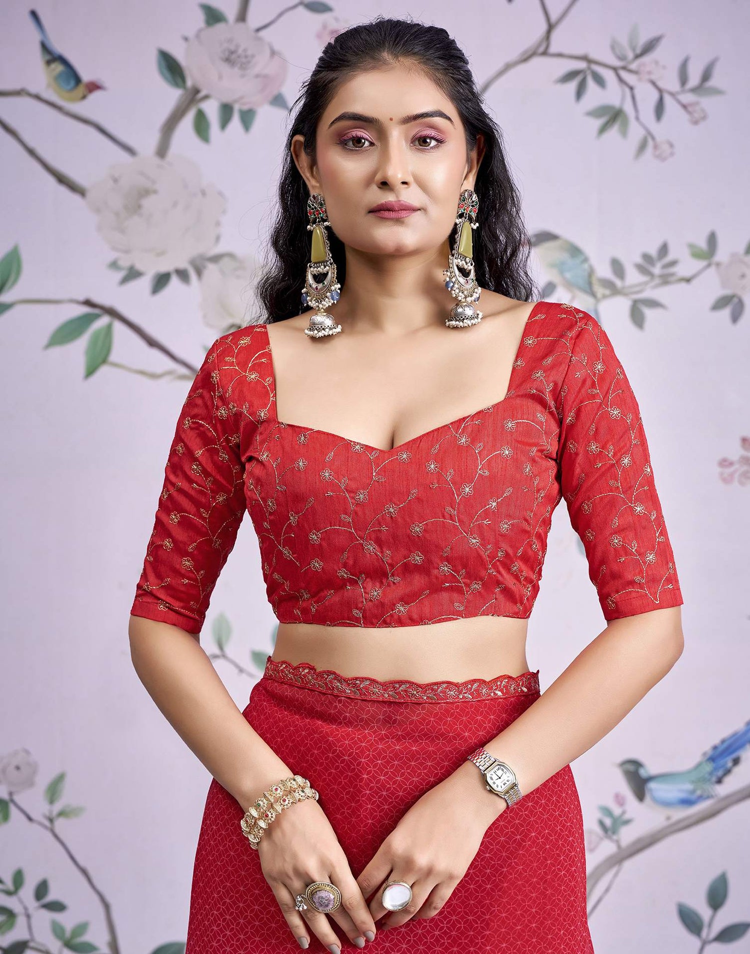 Red Georgette Printed Lace Saree