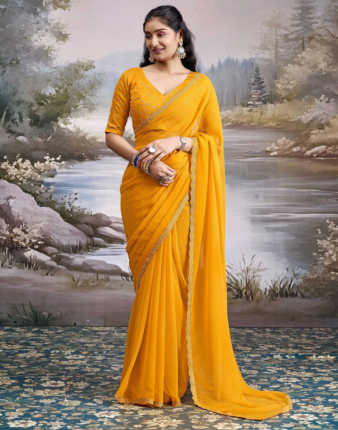 Yellow Georgette Printed Lace Saree
