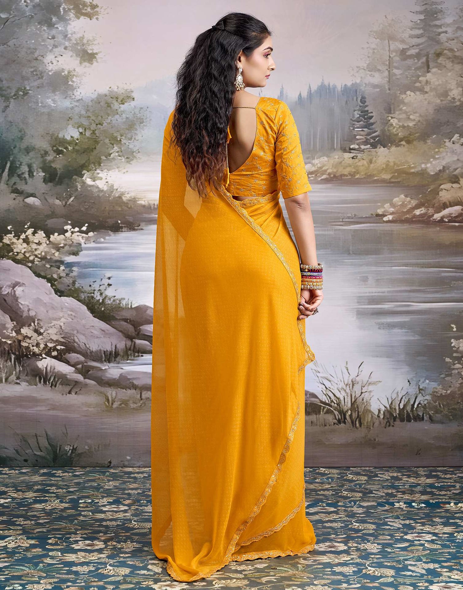 Yellow Georgette Printed Lace Saree
