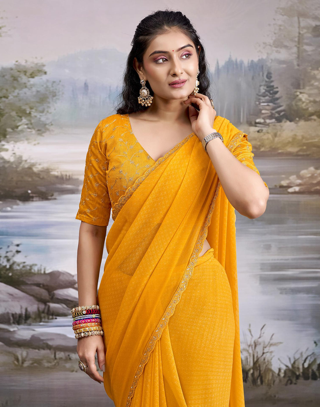 Yellow Georgette Printed Lace Saree