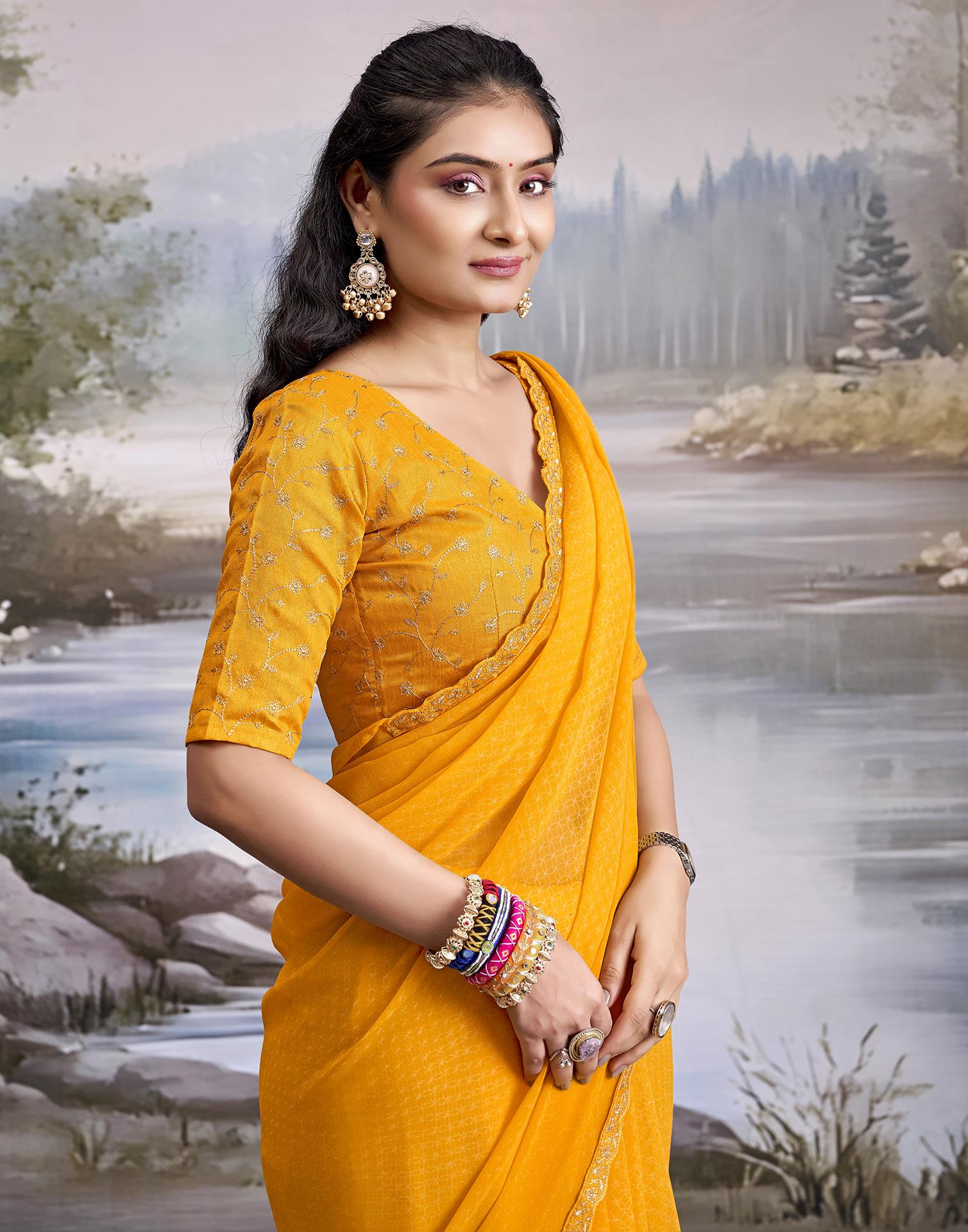 Yellow Georgette Printed Lace Saree