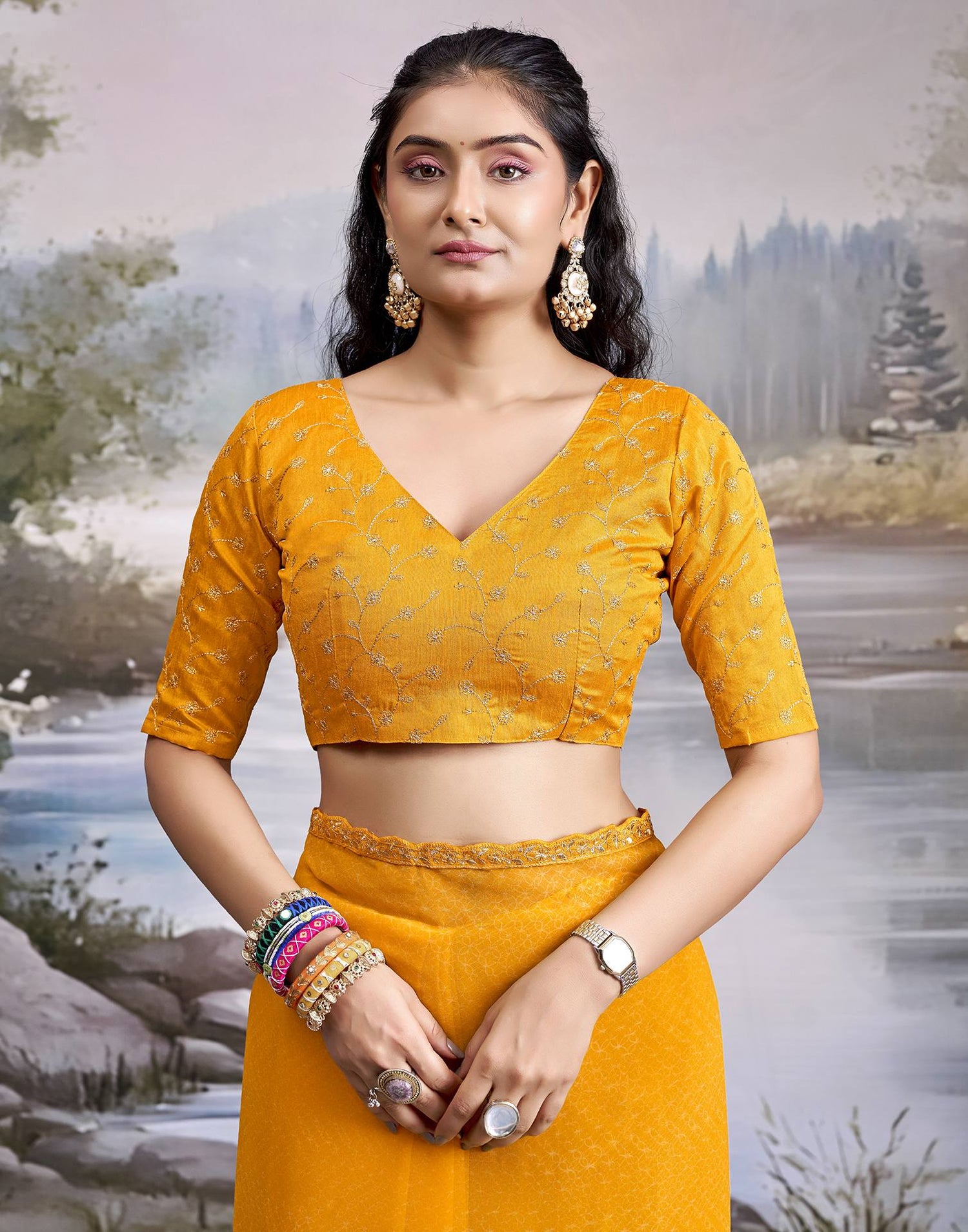 Yellow Georgette Printed Lace Saree