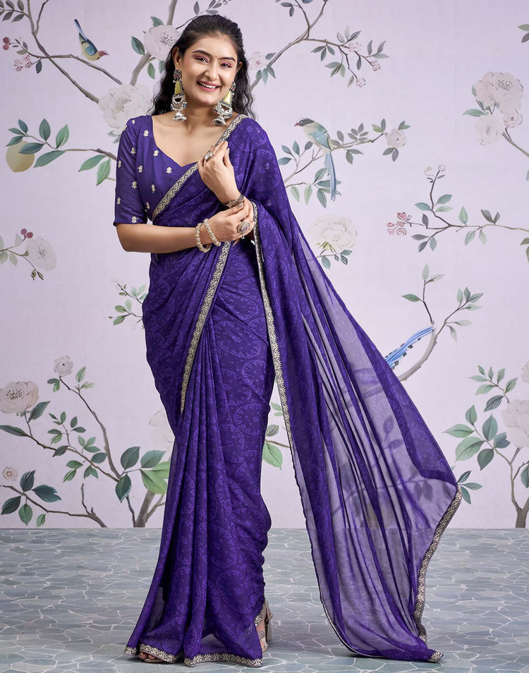 Dark Purple Georgette Bandhani Printed Lace Saree