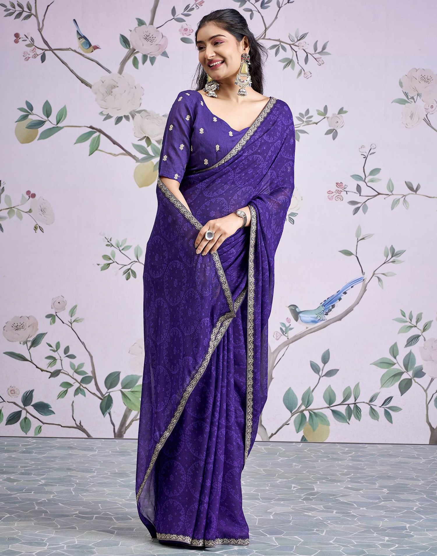 Dark Purple Georgette Bandhani Printed Lace Saree