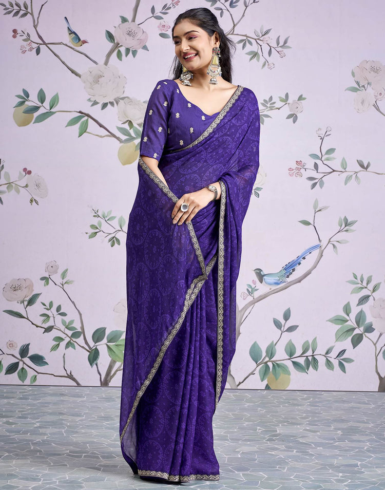 Dark Purple Georgette Bandhani Printed Lace Saree