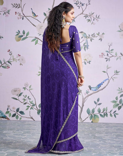 Dark Purple Georgette Bandhani Printed Lace Saree