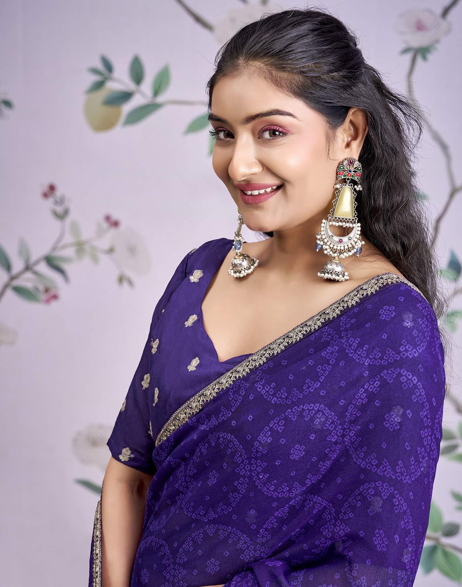 Dark Purple Georgette Bandhani Printed Lace Saree