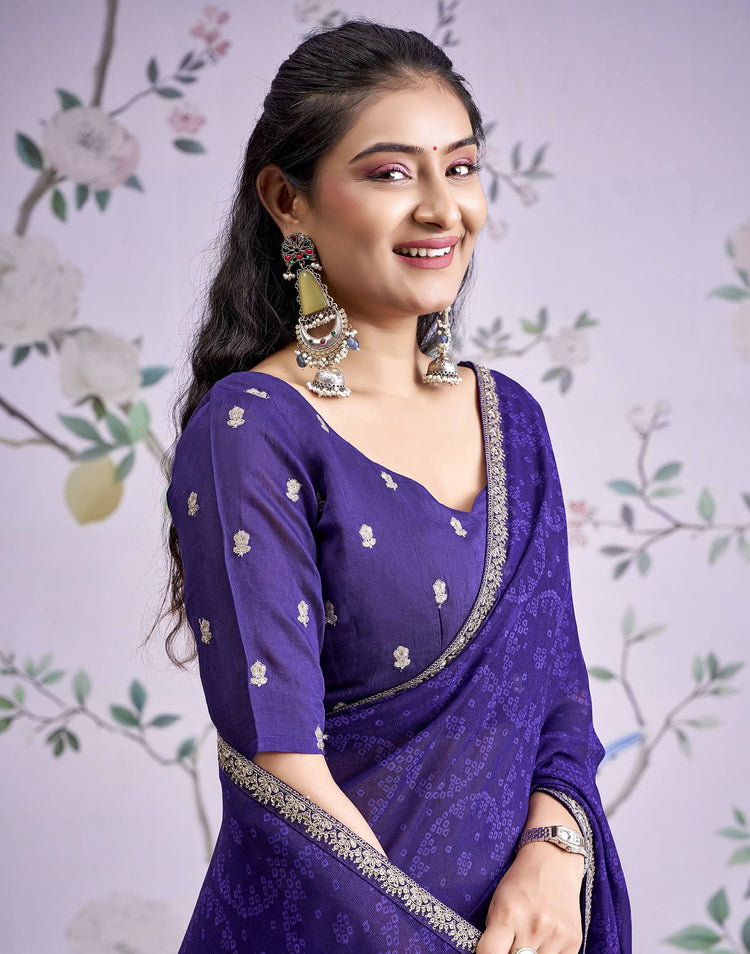 Dark Purple Georgette Bandhani Printed Lace Saree