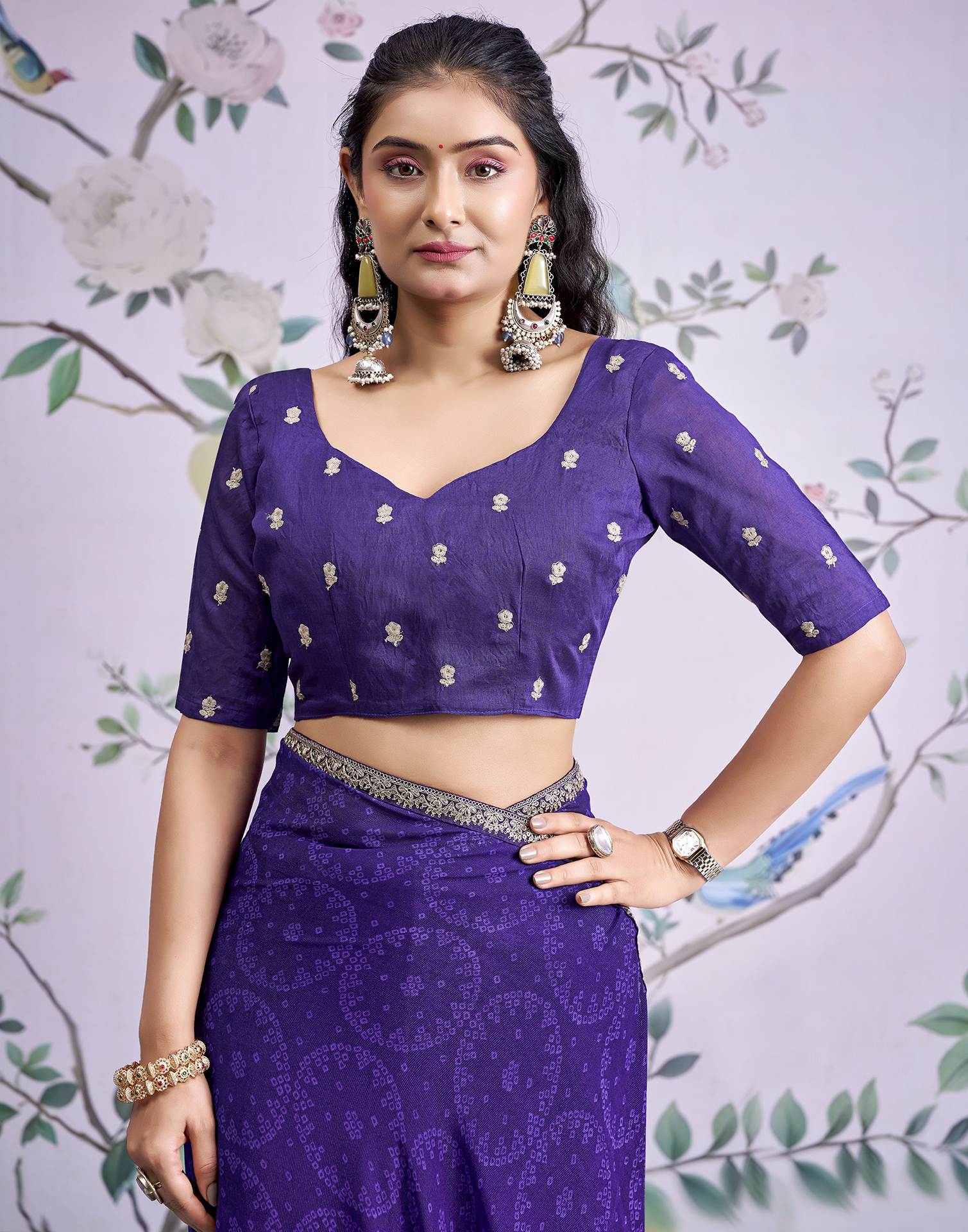 Dark Purple Georgette Bandhani Printed Lace Saree