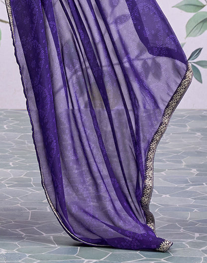 Dark Purple Georgette Bandhani Printed Lace Saree