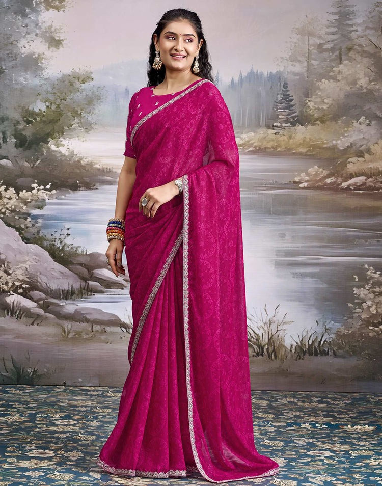 Rani Pink Georgette Bandhani Printed Lace Saree
