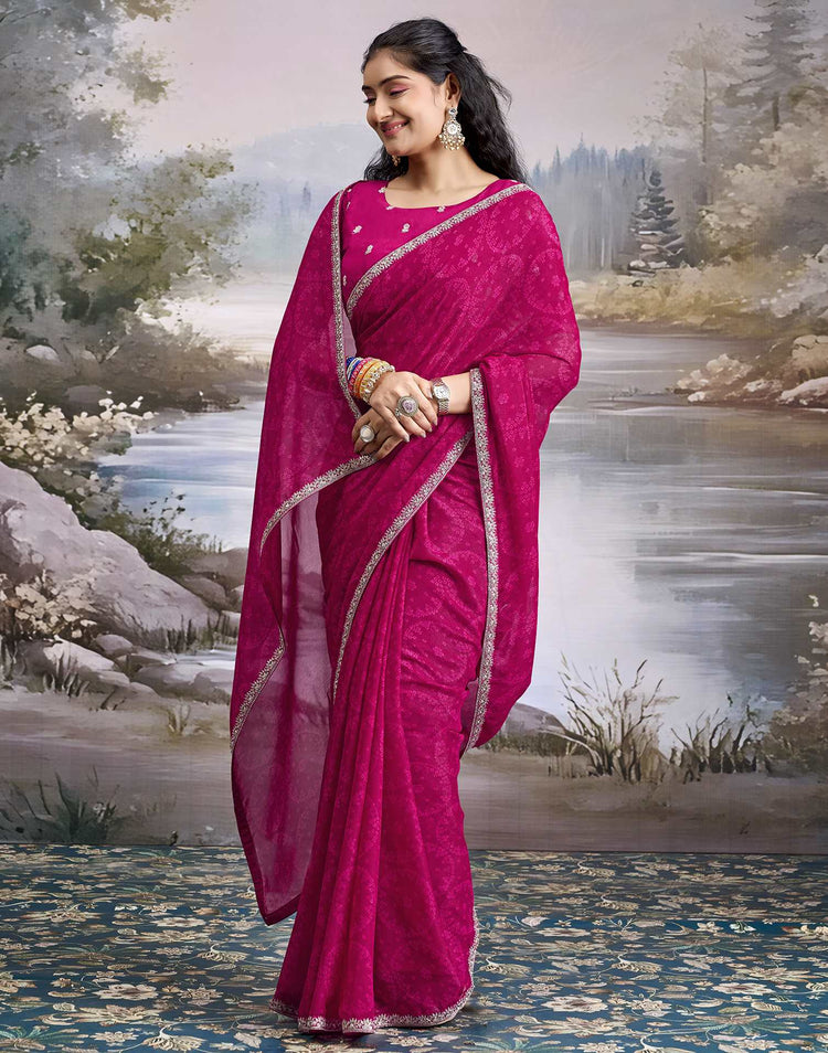 Rani Pink Georgette Bandhani Printed Lace Saree