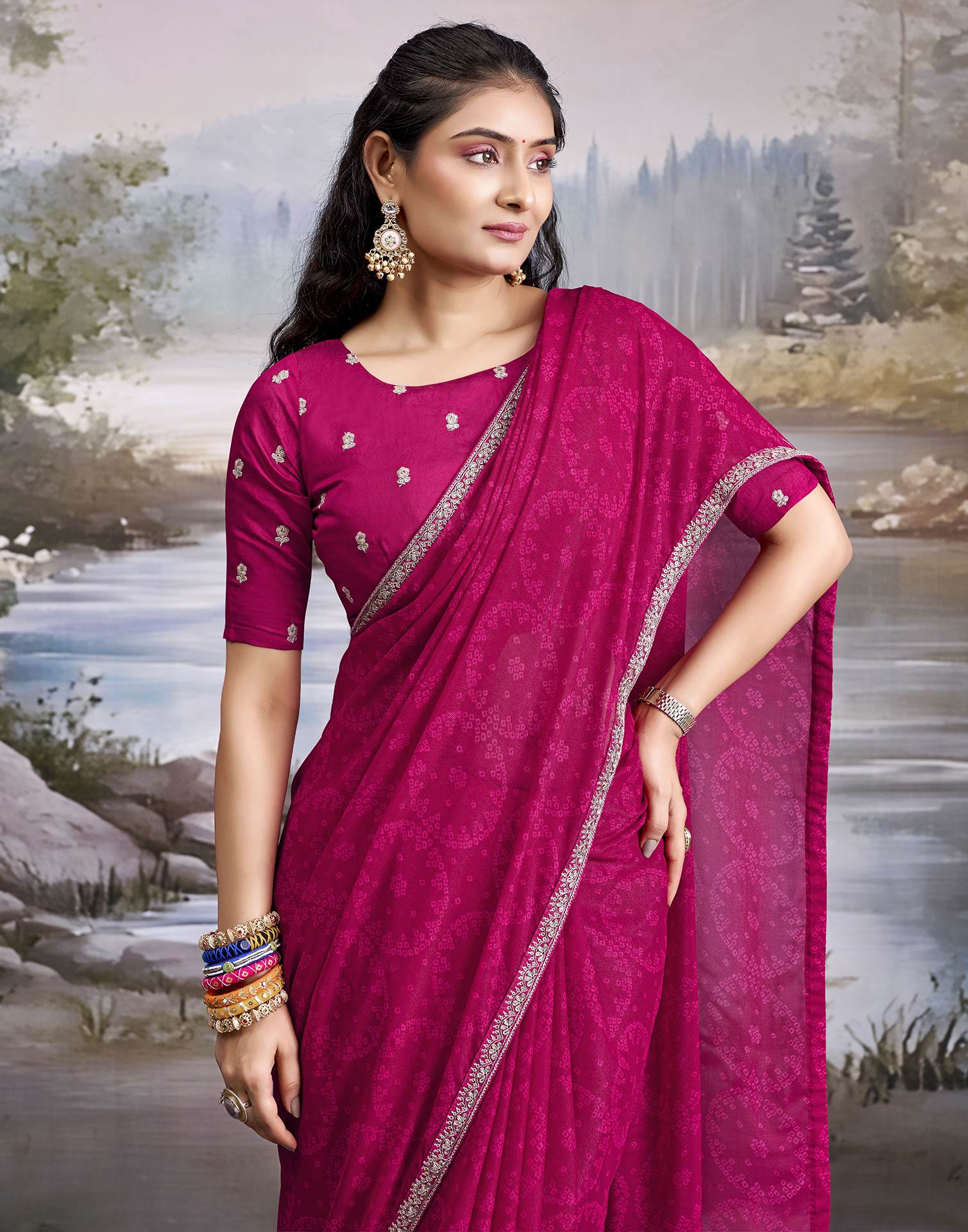 Rani Pink Georgette Bandhani Printed Lace Saree