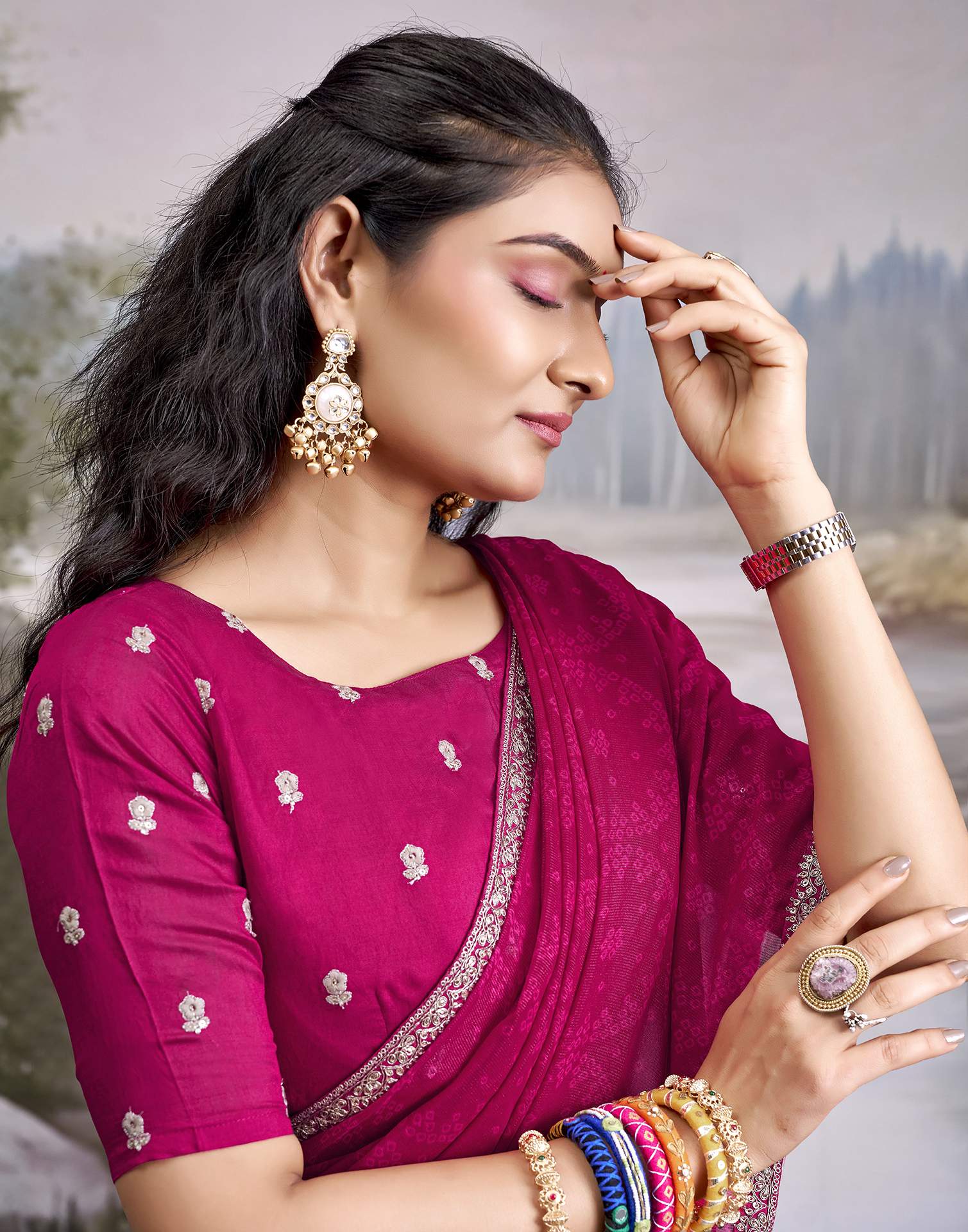 Rani Pink Georgette Bandhani Printed Lace Saree